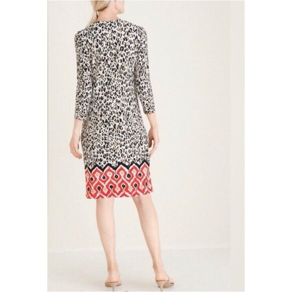 Chicos Shift Dress 2 Large 12 14 Cream Brown Black Red Animal Print Stretch - Picture 3 of 12